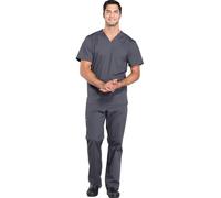 Cherokee Scrub Set for Men from, 4 Pocket V-Neck Scrub Top WW695 with 5 Pocket Tapered Leg Fly Front Cargo Pant WW190, Pewter, XL Top / XL Tall Pant