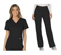 Cherokee Scrub Set for Women, Mock Wrap Top & Mid Rise Straight Leg Pant, Ultra Soft 2-Way Stretch Medical Uniform - CK00040C, XL, Black