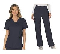 Cherokee Scrub Set For Women, Modern Classic Fit Mock Wrap Top WW610 With Mid Rise, Straight Leg Pant WW110, Pewter, M Top / M Pant