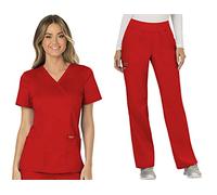 Cherokee Scrub Set For Women, Modern Classic Fit Mock Wrap Top WW610 With Mid Rise, Straight Leg Pant WW110, Red- XL Top/L Petite Pant