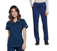 Cherokee Scrub Set for Women V-Neck Scrub Top WW601 Mid Rise Tapered Leg Drawstring Scrub Pant WW105, Navy- X Large Top/X Large Pant