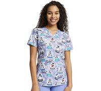 Cherokee Prints Women Scrubs Top V-Neck Print CK651, Chillin' Snowmies, L