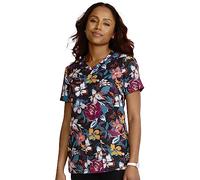 Cherokee Scrubs for Women V-Neck Printed Top Modern Classic Fit with 3 Pockets, Knit Details & Side Vents CK678, Artful Blooms, XS
