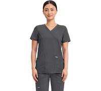 Cherokee Scrubs Top for Women Mock Wrap with 3 Pockets, Soft, 2-Way Stretch & Durable Fabric - WW610, Pewter, XS