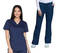 Cherokee Women's Scrub Set 3 Pockets V-Neck Top WW630 With 4 Pocket Mid Rise Drawstring Cargo Pant 4044, Navy- M Top/M Pant