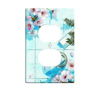 Cherries Blossom Bathroom Duplex Outlet Covers Wall Plate, Spring Floral Fern Glass Jar Spring Blue Plastic Standard Size Decorative Receptacle Outlet Covers for Home Living Room Bedroom Decor