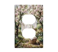 Cherries Blossom Bathroom Duplex Outlet Covers Wall Plate, Spring Rustic Clothesline Laundry Basket Spring Peach Plastic Standard Size Face Plates for Electrical Outlets for Home Bedroom Decor