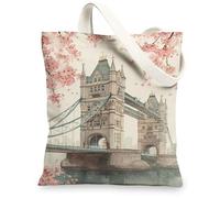 Cherries Blossom Canvas Tote Bags, Artistic Floral Bridge Design Reusable Shopping Bags, Elegant Vintage Lightweight Washable Shoulder Bags for Travel Beach Picnic 13x15 Inch