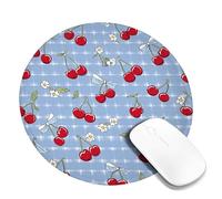 Cherries Blossom Checkered Desk Mouse Pad, Red Fruits Floral Design, Rubber Non-Slip Washable Gaming Mousepad for Home and Office Use Round 8x8 Inch