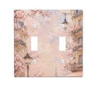 Cherries Blossom Double Light Switch Cover Plate, Romantic Vintage Street Lamp Paris Tower Spring Peach Plastic Standard Size Wall Switch Plates Accents for Living Room Bedroom Home Office Decor