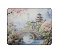 Cherries Blossom Landscape Mouse Pad, Peach Scenic Design with Traditional Architecture, Non-Slip Washable Gaming Mousepad for Home and Office Computer, Laptop Square 8x10 Inch
