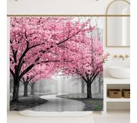 Cherries Blossom Shower Curtain, Nature Romantic Tree Pathway Spring Peach Waterproof Fabric Toile Cloth Shower Curtains Decor for Toile Bathroom Dorm 72x78 Inch