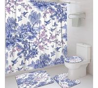 Cherries Blossom Shower Curtain Sets, Traditional Asian Bird Trees Tree Spring Blue Washable with Hooks Design Bathroom Shower Curtain and Rug Set Decorative for Toile Guest Room 72x72 Inch