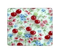 Cherries Blossom Square Mouse Pad, Red Green Floral Design Stitched Edge Mousepad, Non-Slip Washable Desk Pad for Home and Office Use Round 8x8 Inch