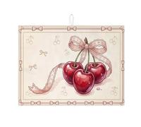 Cherries Bow Dish Drying Mats for Kitchen Counter, Vintage Red Cherries Absorbent Dish Drainer Rack Mat, Spring Floral Microfiber Drying Pad for Kitchen Counter Decor 18x24 Inch