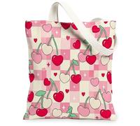 Cherries Canvas Tote Bag for Women, Playful Cute Heart Leaf Summer Peach Washable Reusable Aesthetic Tote Bags for Shopping Brunch Park Library Day Trips 13x15 Inch