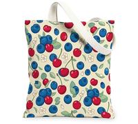 Cherries Canvas Tote Bag for Women, Summer Playful Blueberry Leaf Summer Red Washable Reusable Aesthetic Tote Bags for Shopping Brunch Park Library Day Trips 13x15 Inch