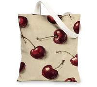 Cherries Canvas Tote Bags, Stylish Fruit Pattern Reusable Shopping Bags, Vintage Art Lightweight Washable Shoulder Strap Ca, Red, 13x15 Inch