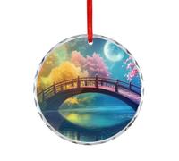Cherries Flower Fantasy Bridge Moon Colorful Crystal Glass Christmas Tree Hanging Ornaments Printed Round Pendant for Xmas Party Fireplace