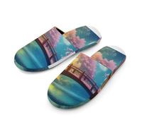 Cherries Flower Fantasy Bridge Moon Colorful Men's Cozy House Slippers Winter Warm Shoes with Anti-Slip Sole for Travel Indoor Outdoor