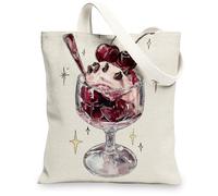 Cherries Ice Cream Canvas Tote Bag, Vintage Reusable Grocery Bags, Soft Lightweight Shoulder Strap Bags 13x15 Inch