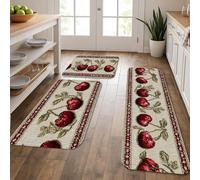 Cherries Kitchen Mats for Floor, Vintage Red Fruits Soft Mats, Cushioned Comfort Washable Non Slip Decor Rugs for Kitchen Sinks Laundryroom Bathroom 3Pcs