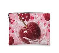 Cherries Makeup Bag, Sparkling Red Fruit Splash Print Cosmetic Travel Pouch for Women, Portable Small Canvas Zipper Organizer, Valentine's Day Gift Skincare Toiletry Bag, red, 7x9 Inch