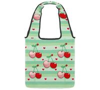 Cherries on a Green Stripes Canvas Tote Bag for Women, Medium Reusable Grocery Totes Washable and Eco-friendly
