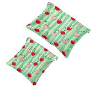 Cherries on a Green Stripes Pocket Cosmetic Bag, Waterproof Squeeze Makeup Bag No Zipper Self-Closing, Portable Mini Travel Storage for Headphones Jewelry