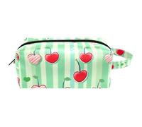 Cherries on a Green Stripes Women Cosmetic Storage Bag, Hanging Makeup Toiletry Bag, Portable Leather Travel Bag School Pencil Case