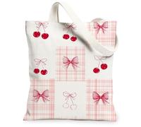 Cherries Pattern Canvas Tote Bags, Retro Bow Design Reusable Grocery Bags, Spring Lightweight Washable Shoulder Strap, White, 13x15 Inch