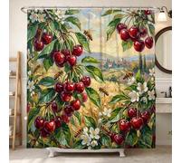 Cherries Shower Curtain, Natural Rustic Flowers Leaves Summer Red Polyester Waterproof Toile Cloth Shower Curtains Decor for Bathroom Guest Room 72x84 Inch