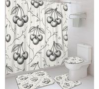 Cherries Shower Curtain Sets, Botanical Vintage Leaf Vine Summer Black Washable with Hooks Bathroom Cloth Shower Curtain and Rug Set for Home Bath Toile Hotel Decor 72x72 Inch