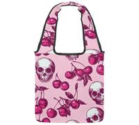 Cherries Skulls on a Pink Background Canvas Tote Bag for Women, Medium Reusable Grocery Totes Washable and Eco-friendly