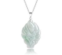 Cherrii Natural A-Grade Light Green Waxy Jadeite Nine-Tailed Fox Pendant Inlaid S925 Sterling Silver, Elegant Fairy Fox Jade Necklace Jewelry for Women