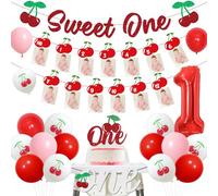 Cherry 1st Birthday Decorations,Sweet One Banner Cherry Photo Banner Red Glitter Cake Topper High Chair Banner Number 1 Foil Balloon Cherry Balloons for Baby Girls First Birthday Party