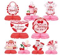 Cherry Baby Shower Party Decorations - 9 Pcs Red Birthday Decoration Including She's The Little Cherry Theme Honeycomb Centerpieces for Welcome Home Baby Girls Party Supplies