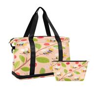 Cherry Bee Red Green Waterproof Tote Bag Carry On Weekend Bag with Toiletry Bag for Trip
