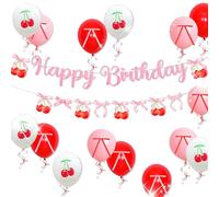 Cherry Birthday Backdrop Banner She's The Cherry on Top Balloons Cherries Theme Bow Decorations Bow Party Decor Cherries Party Decor Birthday Props
