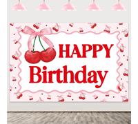 Cherry Birthday Backdrop Cherry Bow Party Decorations Red Cherries Happy Birthday Backdrop Fruit Themed Background Banner for Sweet Girls Birth Party Supplies 5x3ft