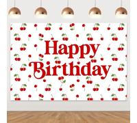 Cherry Birthday Backdrop, Red Cherry Happy Birthday Photography Background Fruits Cartoon Backdrops Dessert Table Photo Studio Props for Girls Baby Shower 1st 2nd 3rd Bday Party Supplies(5x3ft)