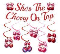 Cherry Birthday Banner Decoration Kit - 7 Pcs Red Cherry Banners Glitter She'S The Cherry On Top Hanging Swirls Decorations Supplies For Cherry Theme Birthday Party Fruit Decorations For Girls Women