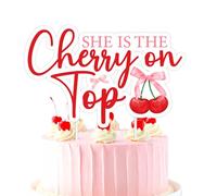 Cherry Birthday Cake Topper, She's the Cherry on Top Double-Sided Cake Pick Pink Bow Sweet Fruit Party Decorations for Girls Women Bridal Shower Birthday Baby Shower Bachelorette Party Supplies