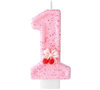 Cherry Birthday Candle, Pink Number One 1st First Candle with Mini Cute Cherry and Bow Embellishments for Birthday Party Baby Shower Theme Party Decoration Cake Topper Cupcake Topper(Number 1)