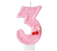 Cherry Birthday Candle, Pink Number Three 3rd Third Candle with Mini Cute Cherry and Bow Embellishments for Birthday Party Baby Shower Theme Party Decoration Cake Topper Cupcake Topper(Number 3)