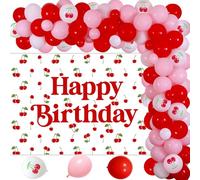 Cherry Birthday Decorations, Cherry Happy Brithday Backdrop Red and Pink Balloon Garland Arch Kit with Red Cherry Balloons Sweet Fruit Party Decorations for Girls Women Birthday Party