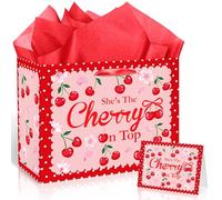Cherry Birthday Gift Bag for Girls, She's The Cherry On Top Red Cherry Present Bag with Tissue Paper & Card, Cute Retro Sweet Wrapping Favour Bags for Kids Women Baby Shower (30x24x13.5cm)