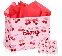 Cherry Birthday Party Gift Bag, Coquette Cherry Bow Wrapping Bag with Tissue Paper and Card She's The Cherry On Top Bow Fruit Themed Wrapping Paper for Girls Kids Teens Baby Shower Women Birthday