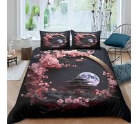 Cherry Blossom Ancient Tower Small Double Duvet Cover Set Japanese Anime Style Reversible Printed Quilt Cover Set, Super Soft Breathable Brushed Microfibre Duvet Covers with Hidden Zipper & Corner