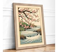 Cherry Blossom and Stream Japandi Framed Wall Art Print A4 (29.7×21cm) Oak, Wall Decor for Living Room, Bedroom, Office & Home, Ready to Hang, Art Gift